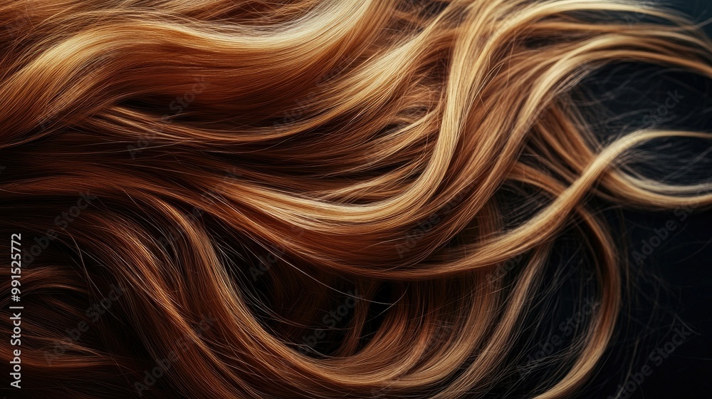 Close-up of a woman long, wavy hair flowing in the wind, with ample copy space on the right side.