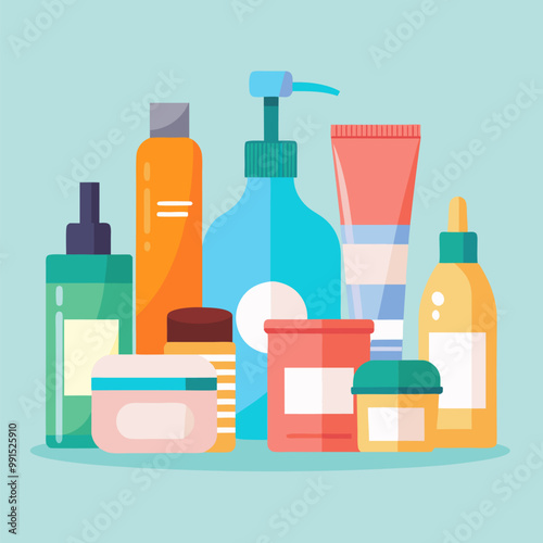 Cosmetic product bottles set isolated on background. Vector cartoon illustration of plastic jar, tube, dispenser and pipette bottle, body skin care cream, lotion, face scrub, mask, hair shampoo