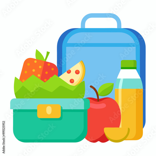 School lunchbox with kid food and bag for snack. Healthy lunch meal for children in plastic container with fruit. Isolated breakfast pack to eat. Picnic bento clipart set. Fresh salad package element