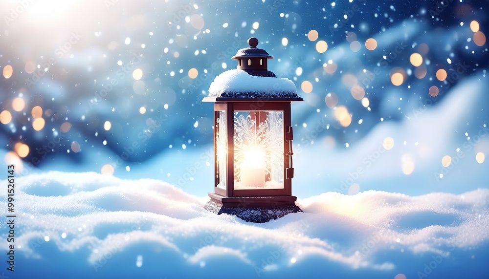Snow-Covered Lantern with a soft glow and a background of twinkling holiday lights. Made with Generative AI Technology Snow-Covered Lantern with a soft glow and a background of twinkling holiday lights. Made with Generative AI Technology