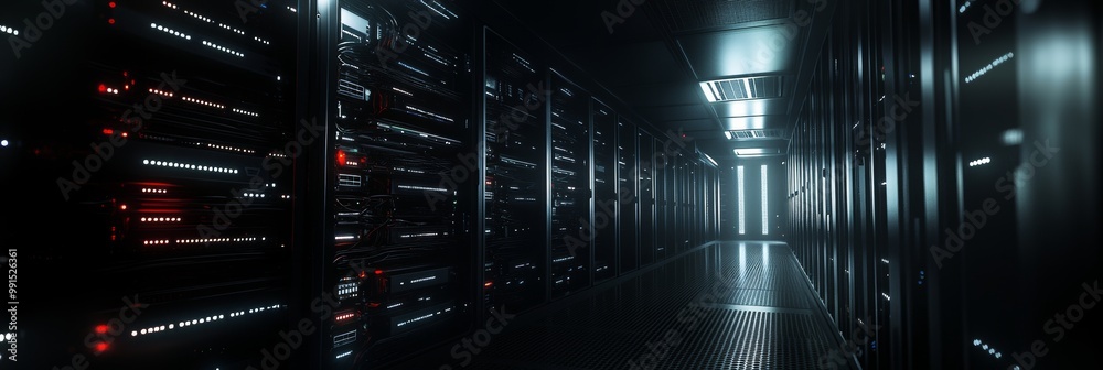 Photorealistic dark data center interior