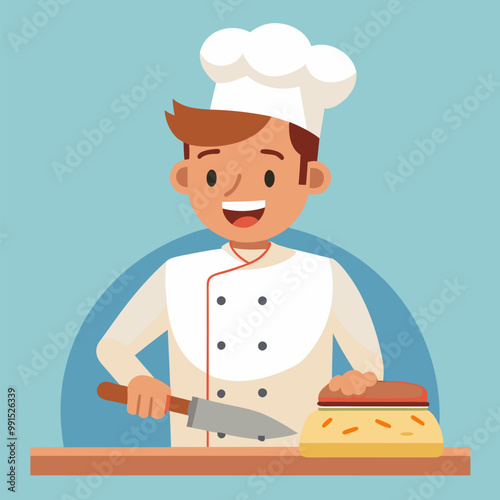 Male chef cooking in kitchen. Vector cartoon illustration of happy young man in white uniform cutting dough with knife on wooden table, professional cook working in bakery shop or pizza restaurant