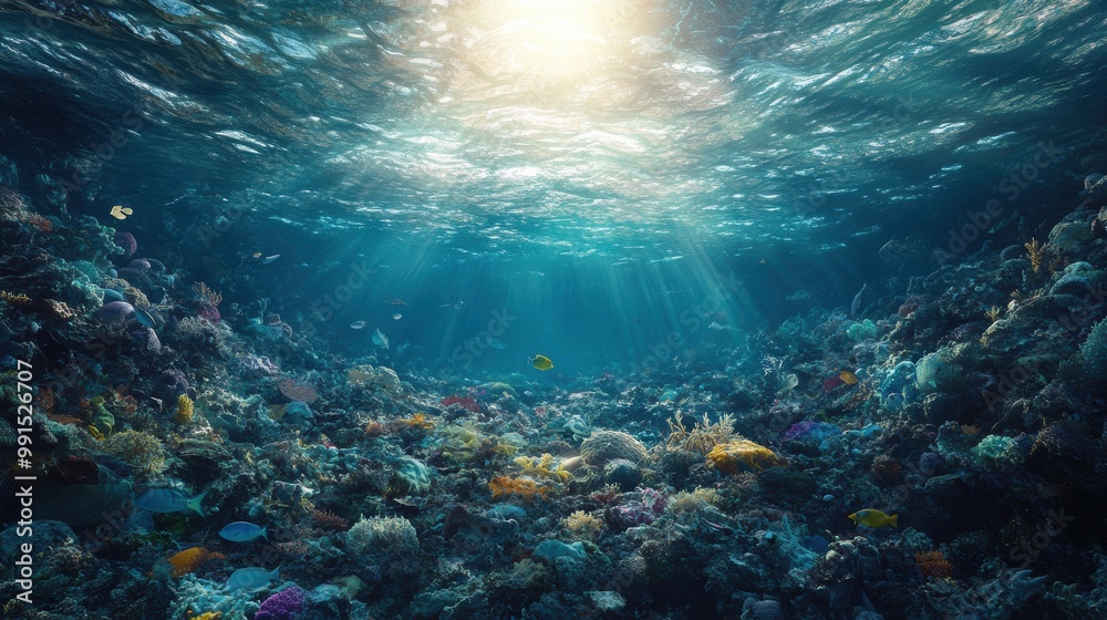 Fototapeta premium Vibrant underwater scene with coral reefs and sunlight beams, serene ocean ambiance.