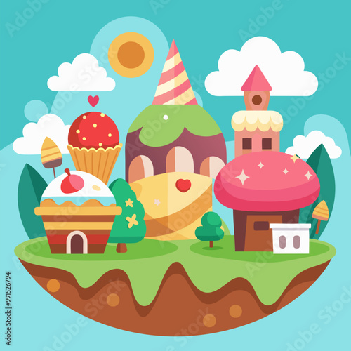 Candy land with fantasy houses made of cake and cookie, chocolate and caramel, ice cream and berry. Cartoon vector illustration landscape of cute fantasy world with sweet dessert home and nature.