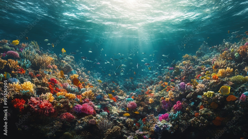 Fototapeta premium Vibrant underwater scene featuring colorful corals and fish in clear ocean waters.