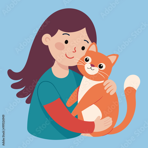 Kid girl embracing cat. Cartoon vector illustration set of female child taking care of her fluffy pet. Love and friendship between owner and kitty. Happy baby stand and cuddle cute domestic animal.
