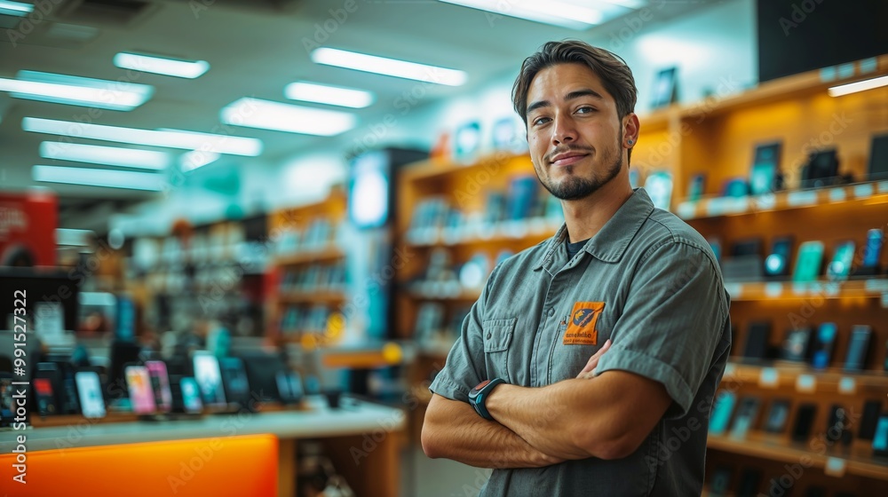 A man working in an electronics store, arms crossed, looking confident A man working in an electronics store, arms crossed, looking confident