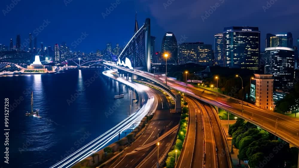 The view showcases a lively city skyline illuminated at night, featuring a stunning bridge and traffic flowing along the river, creating a dynamic urban atmosphere The view showcases a lively city skyline illuminated at night, featuring a stunning bridge and traffic flowing along the river, creating a dynamic urban atmosphere