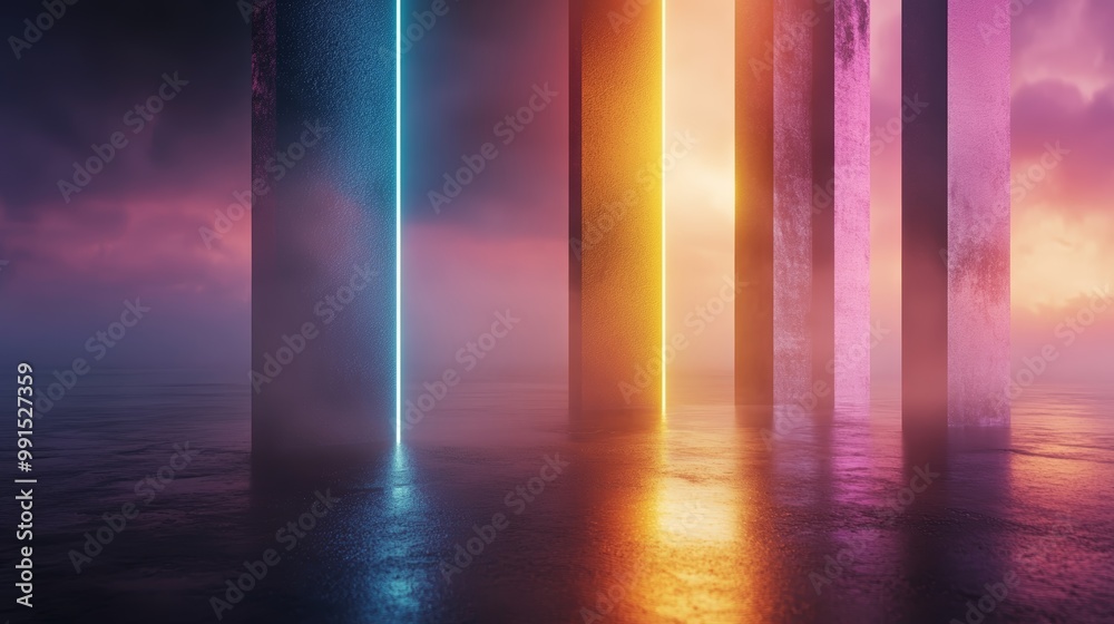 Vibrant pillars of light emerge from a misty landscape, creating a surreal atmosphere perfect for digital art and fantasy themes. Vibrant pillars of light emerge from a misty landscape, creating a surreal atmosphere perfect for digital art and fantasy themes.