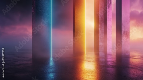 Vibrant pillars of light emerge from a misty landscape, creating a surreal atmosphere perfect for digital art and fantasy themes.