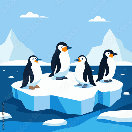 Group of penguins standing on ice landscape. Vector cartoon illustration of cute birds floating on large floe against background with piles of snow and cold ocean water. South Hemisphere wildlife