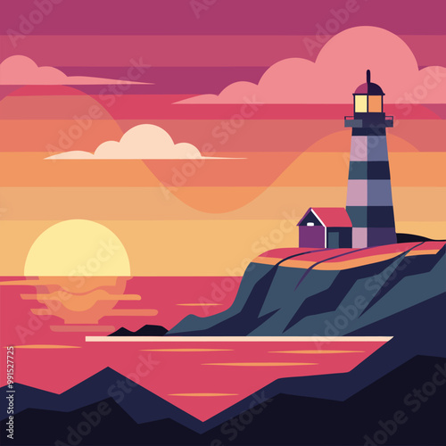 Island sea coast with lighthouse on sunset vector illustration. Light house above pink sky and yellow sun beam peaceful seashore landscape background. Nautical rock coastline in evening design