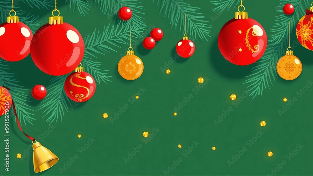 Naklejka premium A deep green background with red and gold decorations, Christmas ornaments, illuminated lights, pine trees, and berry fruits placed 深い緑色の背景に赤とゴールドの装飾やクリスマスオーナメントとイルミネーションライトや松の木、ベリーの実がおかれている