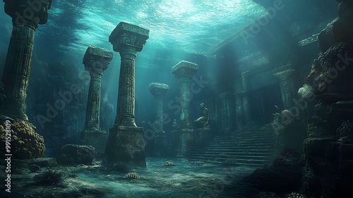 Atlantean underwater temples with luminous ceilings and statues carved from coral