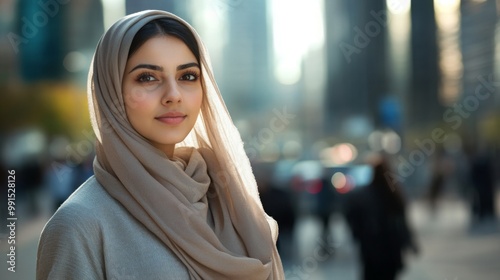 A young arab woman wearing a light-colored hijab stands amid a busy urban environment, exuding confidence and presence. People move past her as the city buzzes with activity in the bright daylight.