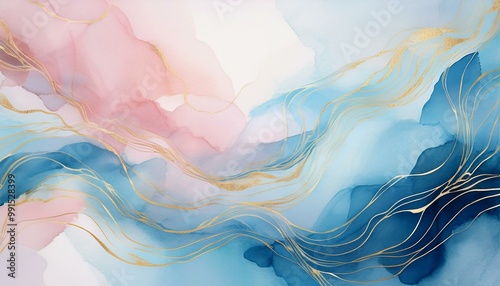 Gentle watercolor artwork backdrop - soft blush and sky blue tones with shimmering gold lines, showcasing a soft marbled paper pattern