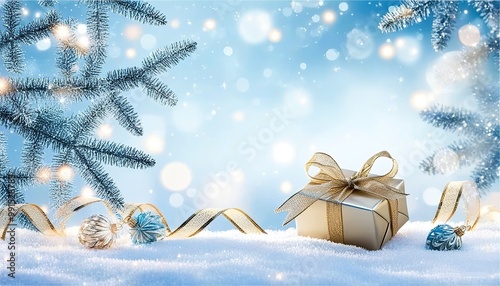 Sparkling Golden Ribbon-Wrapped Gifts placed under the tree, surrounded by a warm glow of twinkling lights and softly falling snowflakes in the background. Made with Generative AI Technology
