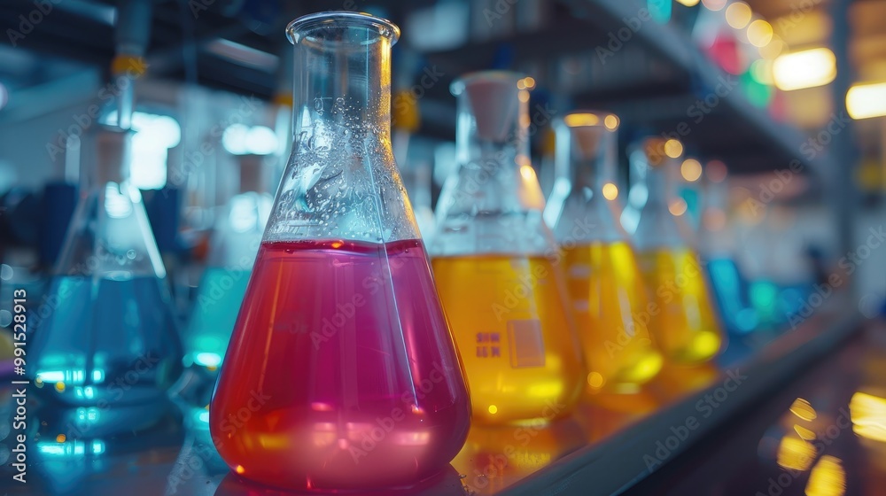 A row of beakers filled with colorful liquids, showcasing scientific experimentation and laboratory equipment. A row of beakers filled with colorful liquids, showcasing scientific experimentation and laboratory equipment.