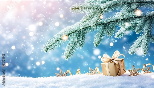 Sparkling Golden Ribbon-Wrapped Gifts placed under the tree, surrounded by a warm glow of twinkling lights and softly falling snowflakes in the background. Made with Generative AI Technology