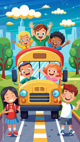 Children transporting rules and guideline landing pages. Funny little students sitting inside of school bus. Happy pupil boy waving hands. Safety for kids transportation, Cartoon vector web banners