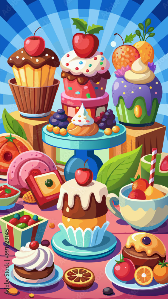 Sweet party posters, bakery or confectionery shop tasting event, invitation flyers with desserts, sweets, cakes, muffins and cupcakes with fruits, berries and toppings, Cartoon vector ads illustration Sweet party posters, bakery or confectionery shop tasting event, invitation flyers with desserts, sweets, cakes, muffins and cupcakes with fruits, berries and toppings, Cartoon vector ads illustration