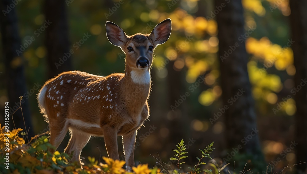 A delicate white-tailed deer fawn stands among colorful autumn foliage, illuminated by sunlight. A delicate white-tailed deer fawn stands among colorful autumn foliage, illuminated by sunlight.