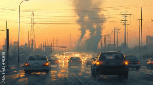 Traffic during smoggy sunset, cityscape with pollution, orange sky. photo