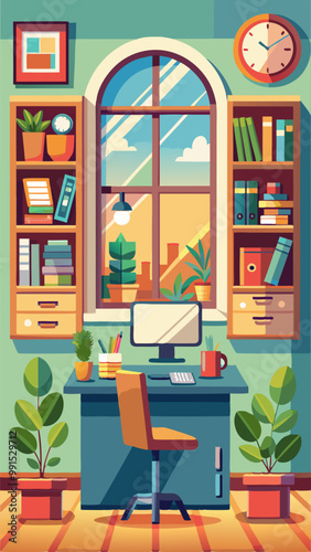 Home office window workspace vector interior set. Isolated cartoon work table equipment design illustration icon. Inside house cabinet environment decor with book, frame, computer and paper stickers.