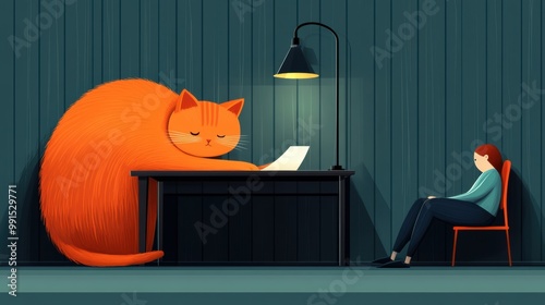A large orange cat sitting at a desk with an adult woman, AI