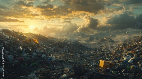 Polluted landfill site with garbage under a dramatic sunset sky. photo