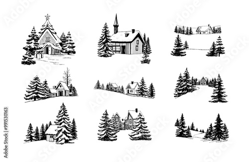 Merry Christmas and Happy New Year illustration, for greeting cards, posters, holiday covers. Xmas festive linocut black hand drawn.