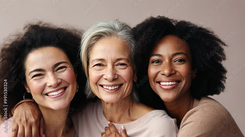 Three women of different ages are smiling and hugging