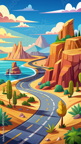 Desert road car traffic to sea shore cartoon illustration. Rock canyon and ocean coast scenery for curve highway. Sunny western summer roadtrip illustrated banner. Winding route to beach and water