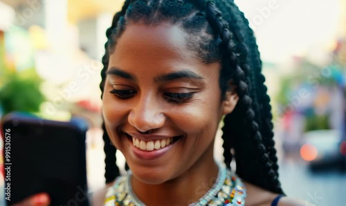 Malawian Woman Smiling While Using Phone in Rio de Janeiro photo