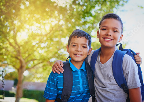 Canvas Print Portrait, hug and boys with education, friends and bonding together with knowledge, smile and joy