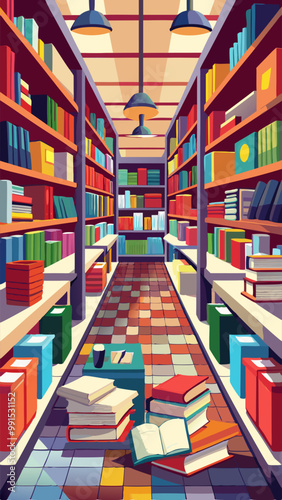 Realistic bookstore aisle with book mockups. Vector illustration of library or shop interior with blank white and red literature, education textbooks for study, bestsellers on shelves. Reading hobby