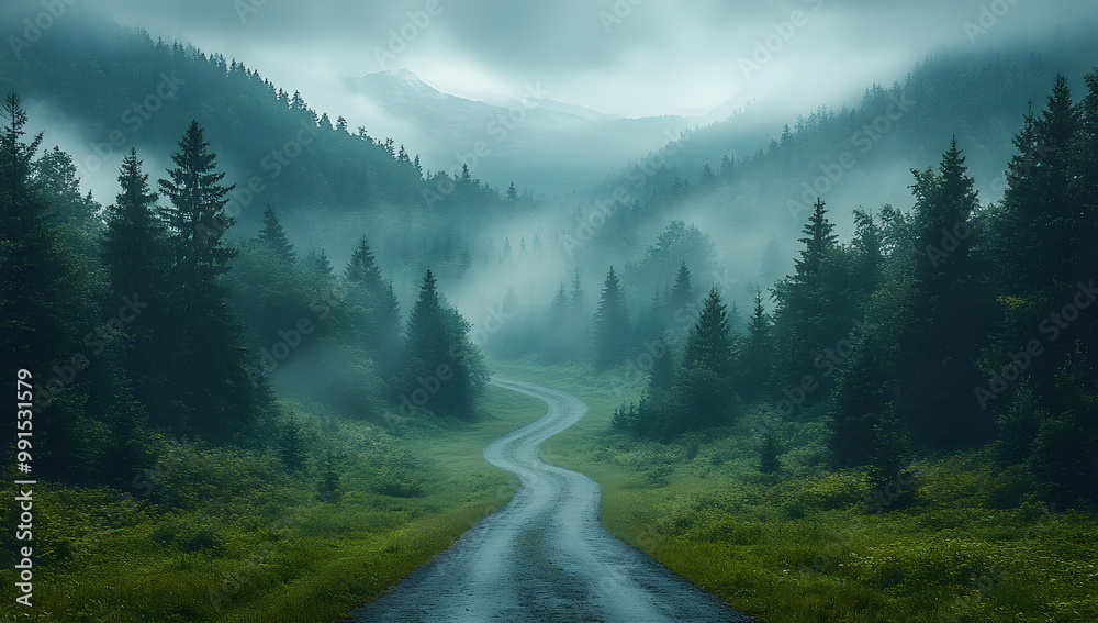 A Winding Road Through the Forest, Aerial View on a Rainy Day
A Winding Road Through the Forest, Aerial View on a Rainy Day