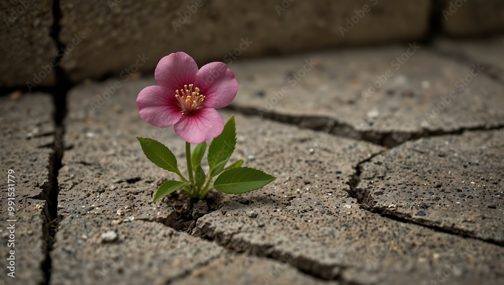 A small pink flower emerges from a crack in aged concrete, showcasing nature's resilience. A small pink flower emerges from a crack in aged concrete, showcasing nature's resilience.