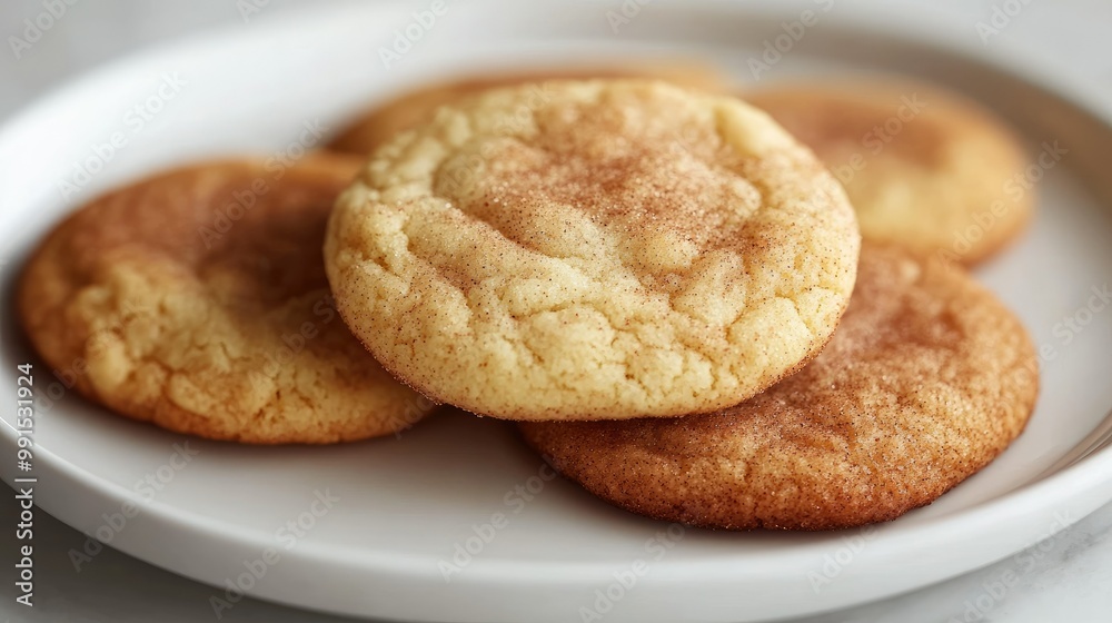 Close-up of freshly baked snickerdoodle cookies with a cinnamon sugar coating, placed on a white ceramic plate. Close-up of freshly baked snickerdoodle cookies with a cinnamon sugar coating, placed on a white ceramic plate.