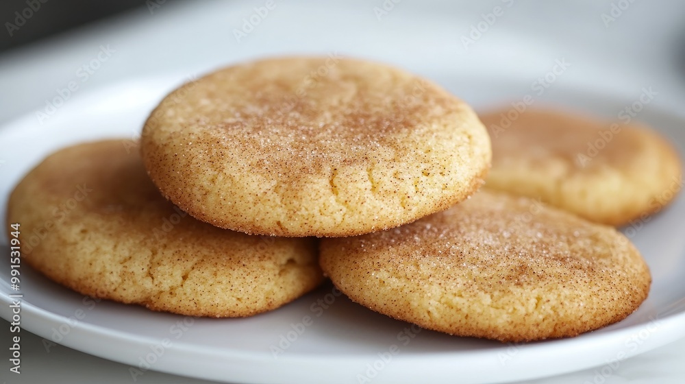 Close-up of freshly baked snickerdoodle cookies with a cinnamon sugar coating, placed on a white ceramic plate. Close-up of freshly baked snickerdoodle cookies with a cinnamon sugar coating, placed on a white ceramic plate.