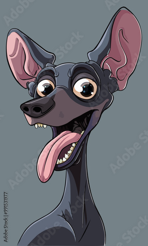 cartoon hairless dog head with bulging eyes extending beyond the eye sockets and elongated eye stalks, and with tongue sticking out of mouth showing a big grin
