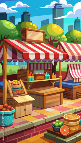 Outdoor market stalls, fair booths, wooden kiosks with striped awning, clothes and food products. Wood vendor counters with sunshade for street trading, city retail places, cartoon vector illustration