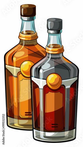 Two empty glass bottles for alcohol. Vector set of realistic clear whiskey, gin, tequila or brandy bottles with metal caps isolated on transparent and white background