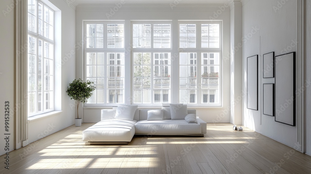 A serene minimalistic living room featuring a sleek sofa, simple decor, and large windows allowing natural light to flood the space, creating a tranquil atmosphere A serene minimalistic living room featuring a sleek sofa, simple decor, and large windows allowing natural light to flood the space, creating a tranquil atmosphere