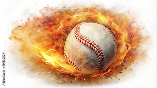 Flaming baseball watercolor clipart with depth of field, red, flame effect, artistic,sports, vibrant, motion blur, orange, sporting event, clipart, baseball, dynamic, fire, digital photo