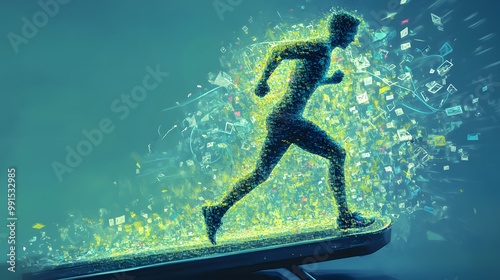 A figure running on a treadmill made of email threads, never reaching the end as more messages appear with each step.