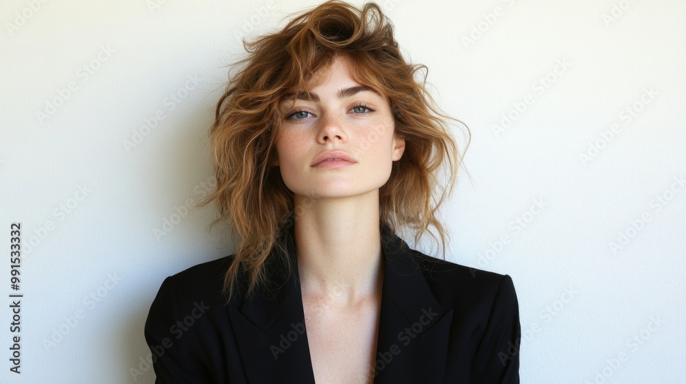 Fototapeta premium A confident woman with wavy hair wears a structured blazer, embodying professional elegance