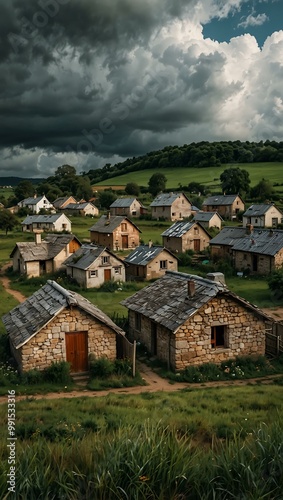 A village scene with houses under a cloudy sky.