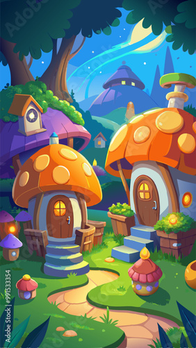 Set of fairytale dwarf houses isolated on background. Vector cartoon illustration of cute pumpkin and mushroom huts on green lawn with round wooden doors and neon light in windows, fantasy village