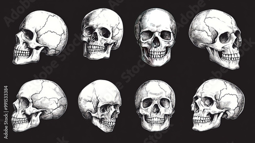 Anatomically correct human skulls set isolated. Hand drawn line art vector illustration 